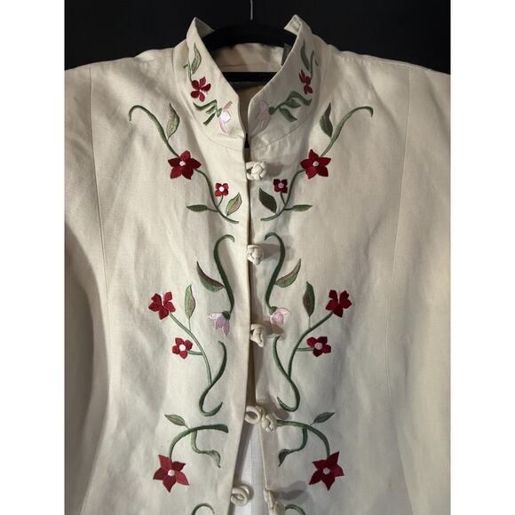 Kate Hill Linen Embroidered Jacket 16 Misses Mandarin Collar Floral Frog Button - Picture 2 of 11